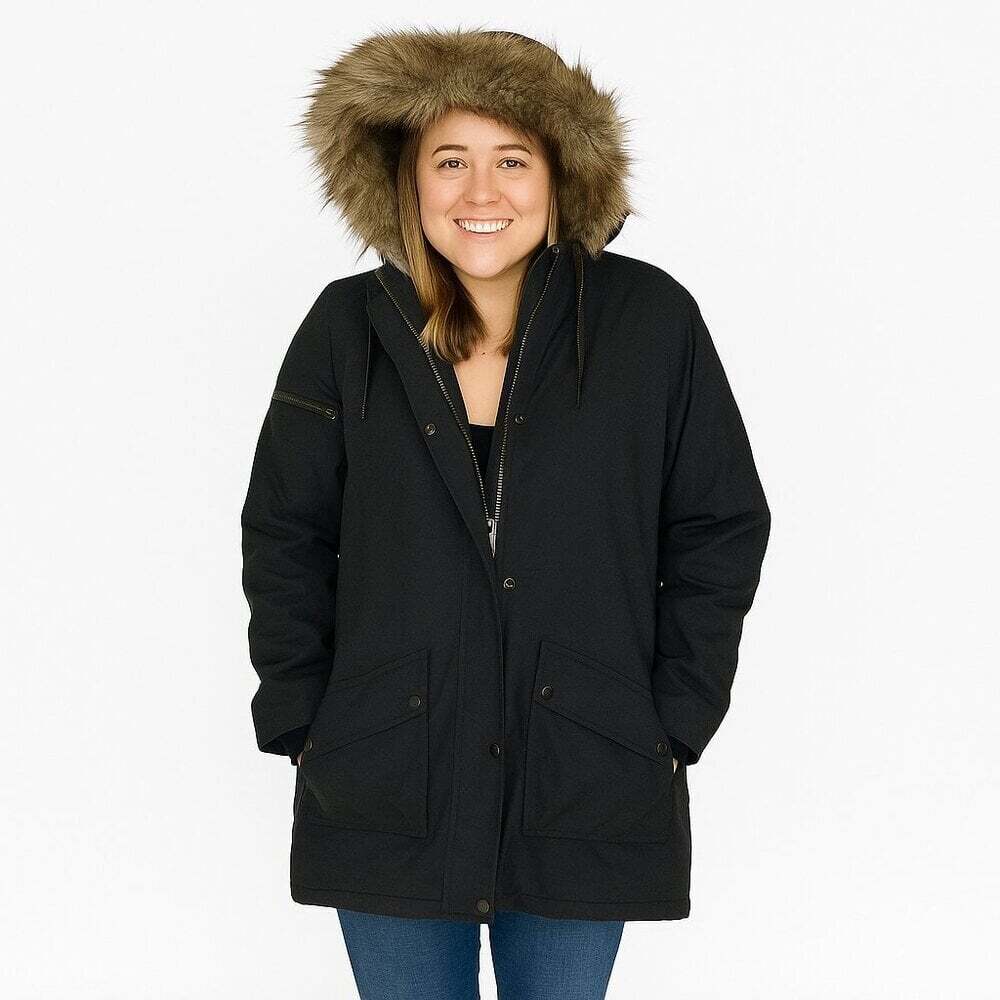Buffalo David Bitten Jacket Large Grey Faux Fur Asymmetrical Zip Hooded Winter